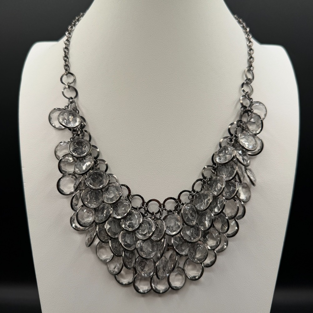 Gunmetal Clear Faceted Stone Bib Necklace Layered Drops Statement Glam Jewelry
